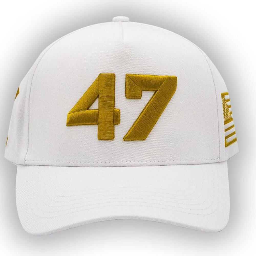 NEW DONALD TRUMP PRESIDENT HAT ONE SIZE ADULT WHITE "47" WITH AMERICAN FLAG SIDE